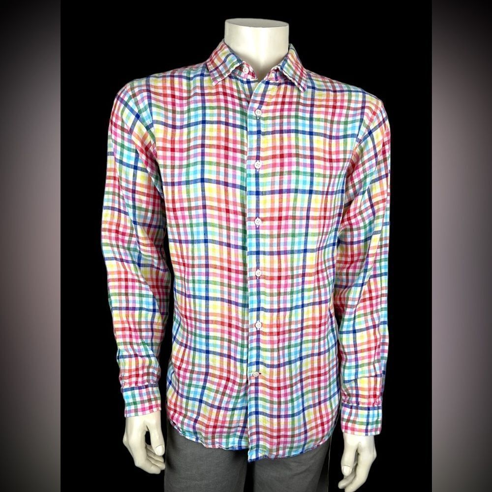 Cremieux Classics L/S Casual Dress Shirt in Colorful Plaid Check 100% Linen XL